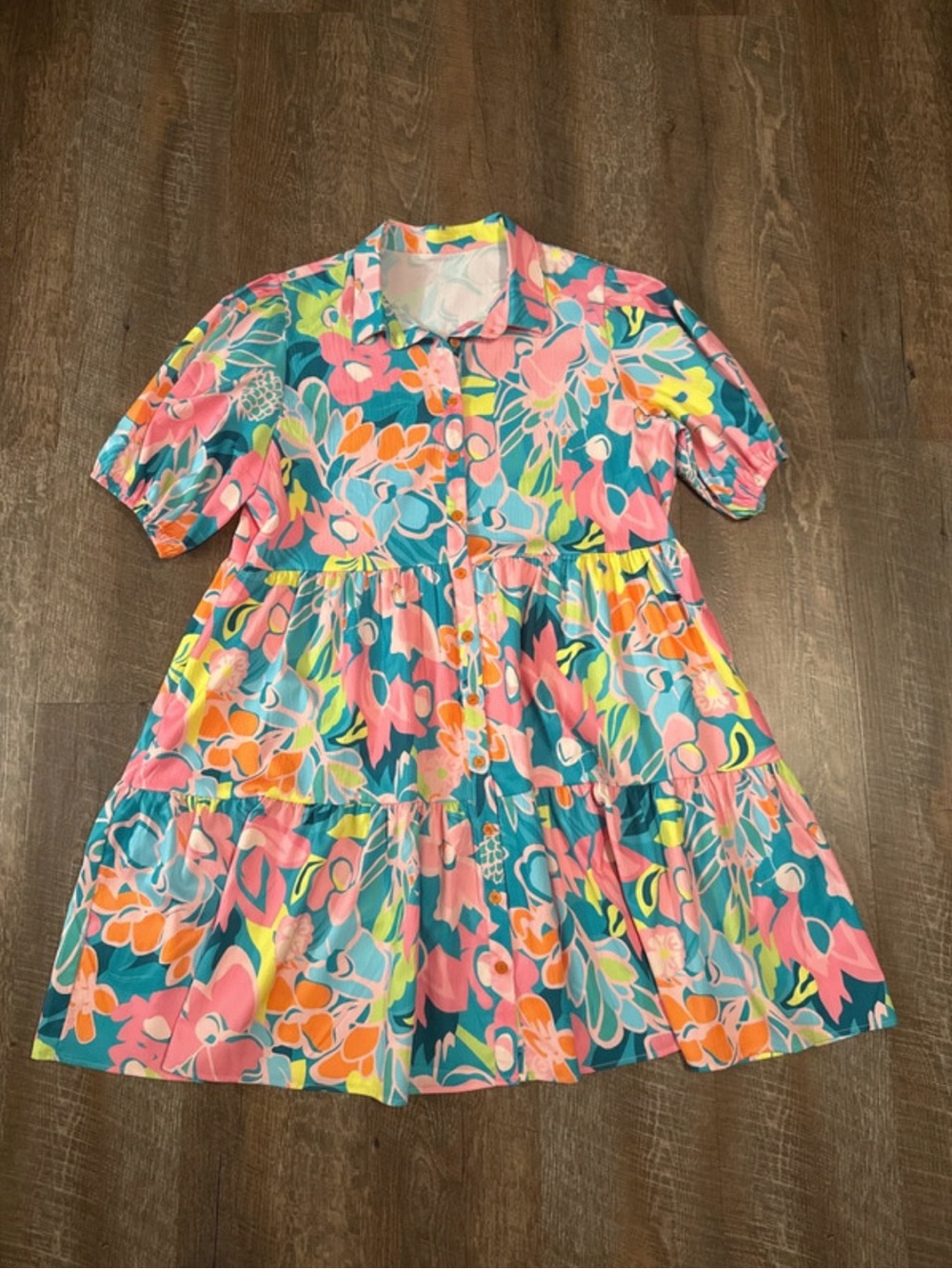 Vibrant Pink & Teal Floral Tiered Button-Front Dress